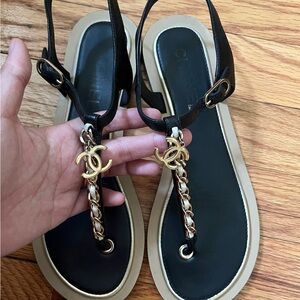 CHANEL Black Gold T-Strap Sandals with Chain Detail